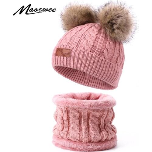 Cute Hat Scarf Set Beanie Cap Childrens Hats Girls Fake Ball Pompon Twist Plush Keep Warm Winter Knitted Skullies Kids Bone