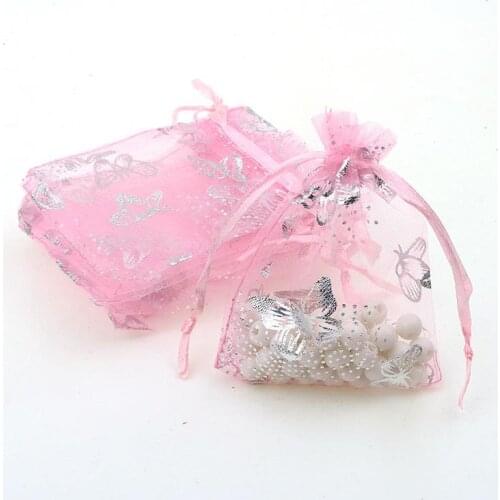 7x9cm Pink Butterfly Bronzing Organza Jewelry Popular Bags Small Drawstring Pouches Pochette Tulle Bonbon 100pcs/lot Wholesale