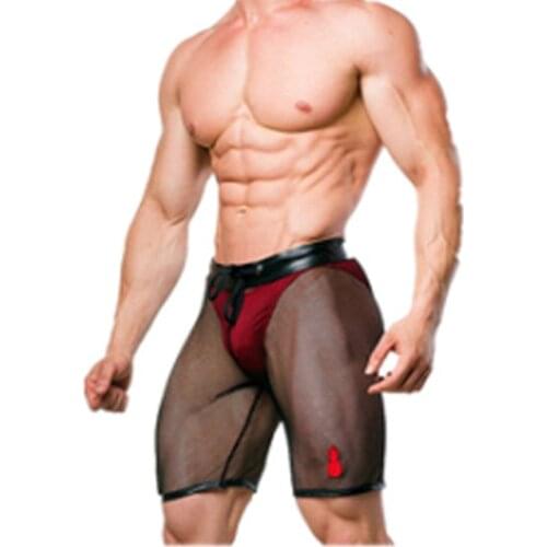 Men Faux Leather Ice Silk Patchwork See Through Mesh Bermuda Short Middle Pant Transparent Shorts Erotic Seduction Bind Breeches