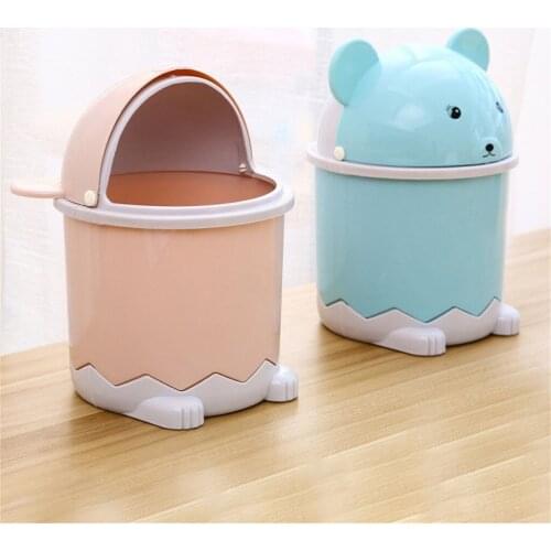 Tabletop Cute Cartoon Bear Waste Bin Flip Open Trash Bucket Dustbin Mini Rubbish Bin Box Portable Garbage Can Box