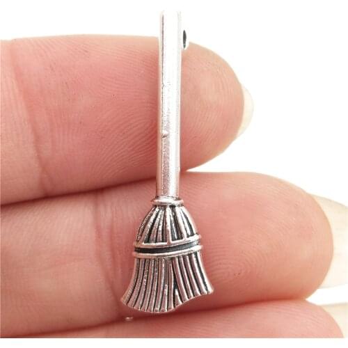 BULK 30 Zinc Alloy Halloween Witch Broom Charms Antique Silver Plated Besom Pendant 9*27mm 1.2g