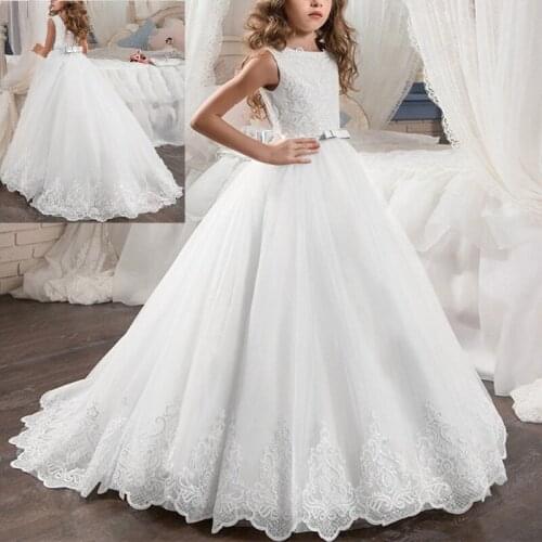 Wedding Bridesmaid Dresses for Kids Elegant White Tulle Trailing Long Dress Girls First Communion Dress Ball Gown Princess Dress