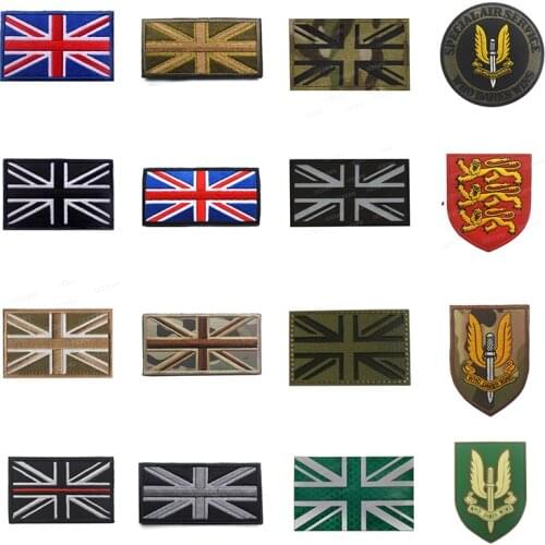 SAS United Kingdom Flag Reflective Velcros Patches British Army Military Tactical Emblem Appliqued UK Embroidered Badge