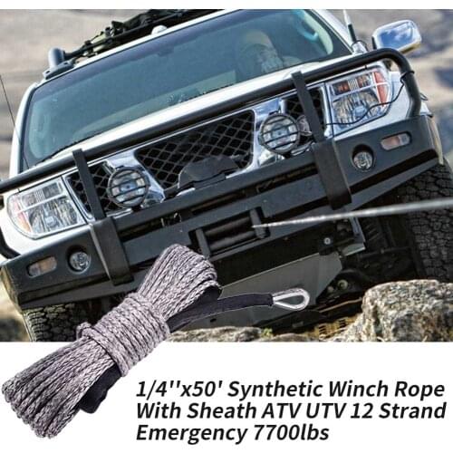 1/4''x50' Car Cable String Towing Synthetic Winch Rope Outdoor Accessories 12 Strand Emergency With Sheath 7700lbs ATV UTV