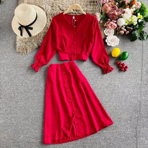Long Sleeve V-neck Crop Top And Medium Long Skirt Women Suit Set New 2020 Spring Autumn Fashion Ladies Solid Two Piece Outfits
