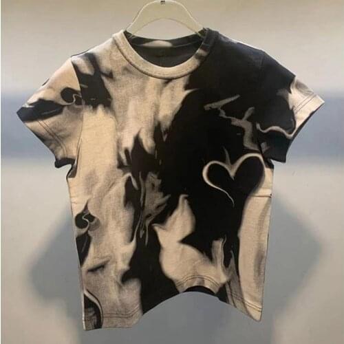 Vintage Casual Round Neck Letter Printing Hit Color Washed Worn Design Short-Sleeved T-Shirt Women Summer New 2021