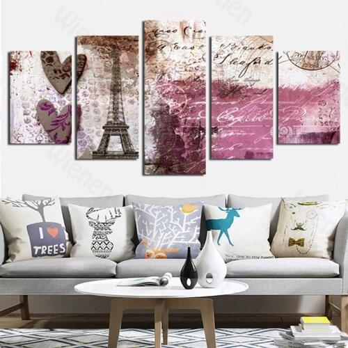 Vintage Poster 5 Pieces Paris Tower Vintage Writing Canvas Print Home Decoration for Living Room Bedroom Wall Art Mural Hanging