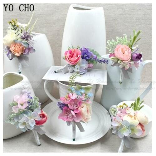 YO CHO Groom Boutonniere Bride Wrist Corsage Lavender Handmade Hand Flower Greenery Silk Rose Flower DIY Prom Wedding Decoration