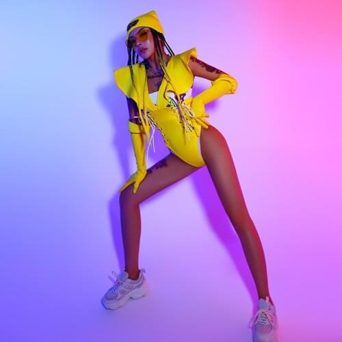 Women Pole Dance Clothing Girls Yellow Sexy Bodysuit Nightclub Bar DJ DS Rave Clothes Performance Costumes Festival Wear DQS7097