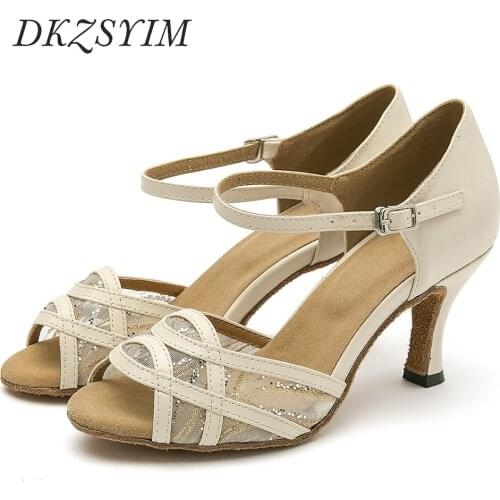 DKZSYIM Women Latin Dance Shoes Leather Ballroom Salsa Dance Shoes Square Heels 3CM Party/Wedding Dance Shoes Soft Suede Soles