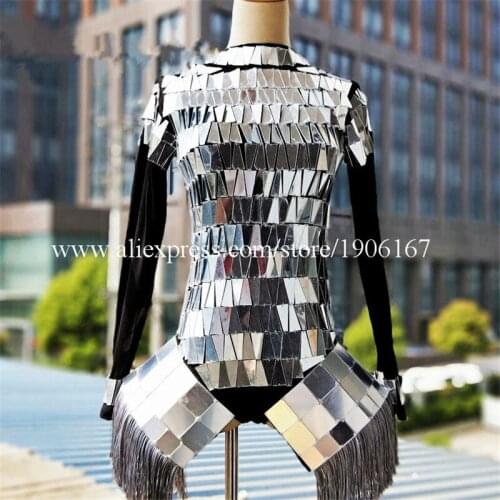Ballroom Dance Women Robot Suit Silver Mirror Singer Dress Sexy Stage Show Wears Clothes DS Disco Bar Bikini Performance Suit