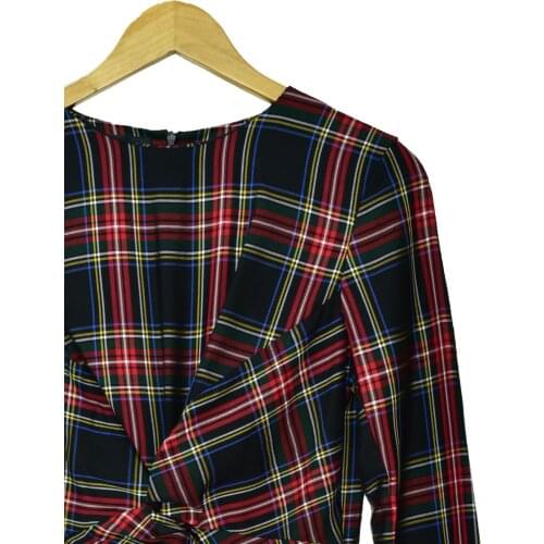 Womens Plaid Mini Dress O-Neck Long Sleeve 2021 Autumn Winter Slim Elegant Ladies Vintage Knee-Length Knotted Robe