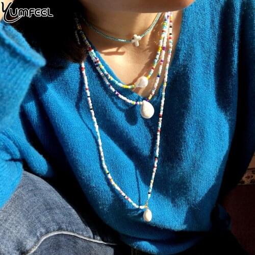 Yumfeel New Trendy Jewelry 4pcs/Lot Handmade Seed Beads Cross Shell Necklace Multi Stand Layer Women Necklaces