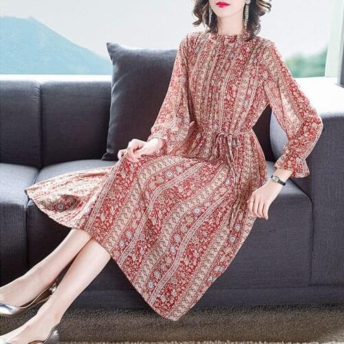 Floral Dress Loose Plus Size Womens Clothing 2020 Spring Autumn New Pleated Dress Temperament Fashion Slim Vestidos k1041