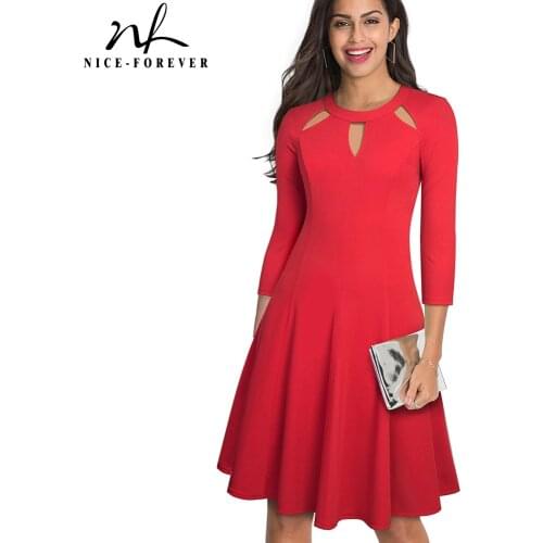 Nice-forever Elegant Pure Color Hollow out Neckline vestidos Business Party Flare A-Line Women Swing Dress A189