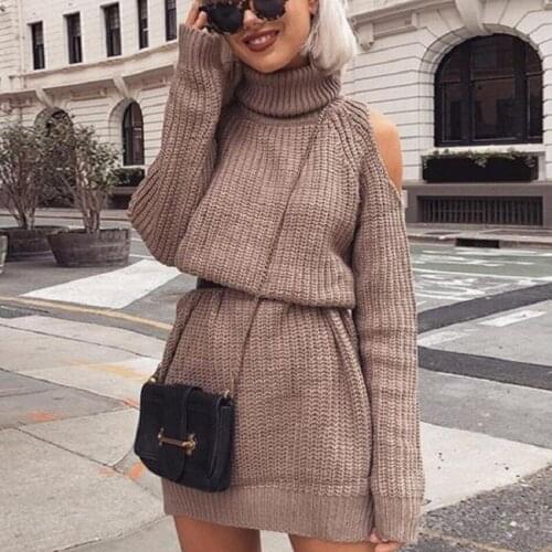Autumn Winter Turtleneck Off Shoulder Knitted Sweater Dress Women Solid Slim Plus Size Long Pullovers Knitting Jumper 2C0295