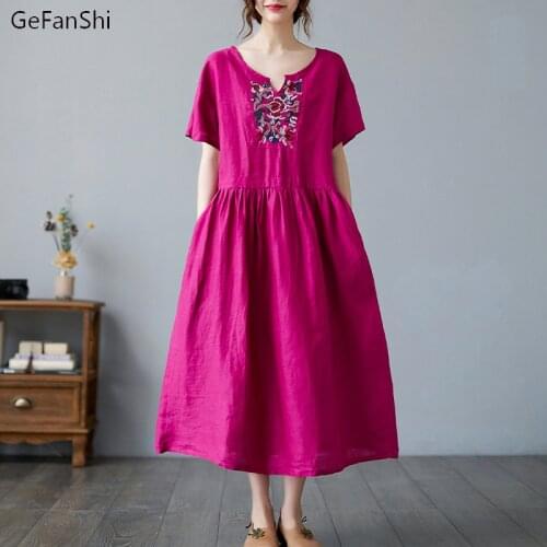 Short Sleeve Summer Dress 2021 Embroidery Solid Vintage Beach Boho A-line Dresses Women Casual Loose Elegant Robe