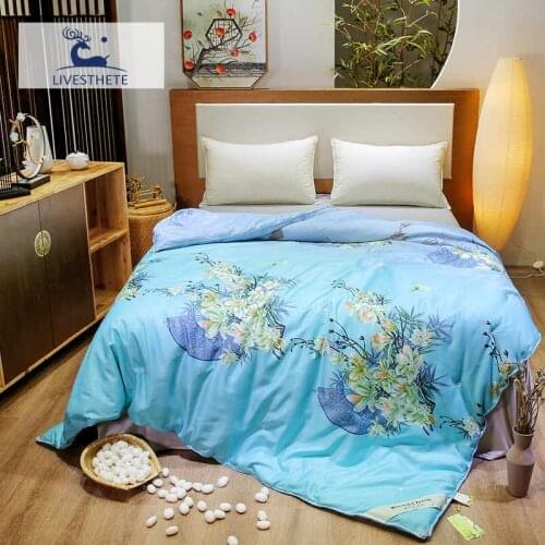 Liv-Esthete Winter Warm Blue Flower 100% Silk Duvet Comforter Queen King Quilt Filled Silk Healthy Skin Double Free Shipping
