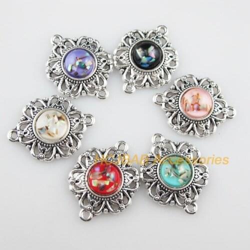 6 New Shivering Resin Connectors Flower Mixed Charms Tibetan Silver 21.5x28mm