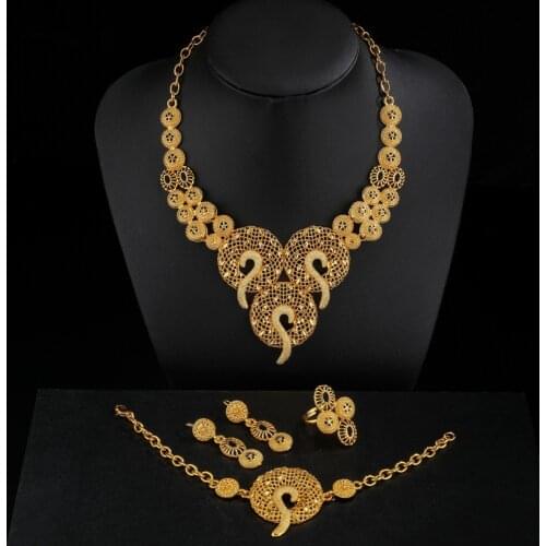 Arab National Wedding Gold Plated Four Piece Jewelry Set Womens Necklace Earrings Ring Bracelet Jewelry Set Luxury Wedding Gift