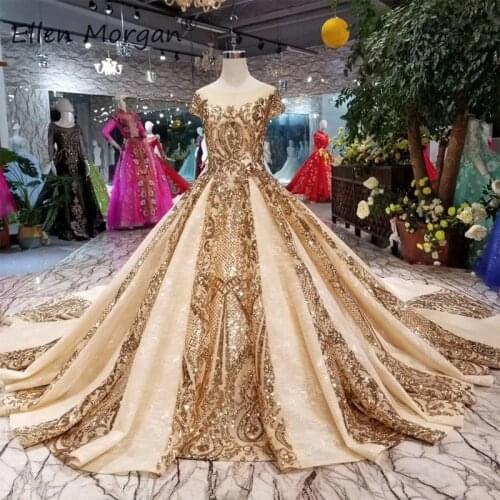 Saudi Arabian Glitter Gold Wedding Dresses Lace Ball Gown Women Elegant 2020 Boat Neck Cap Sleeves Colorful Bridal Gowns