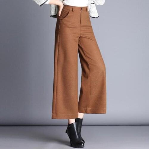 Winter Fall Fashion Elegant Woman Office Lady Wide Leg High Waisted Black Brown Wool Pants , Women 4xl Ankle Length Trousers