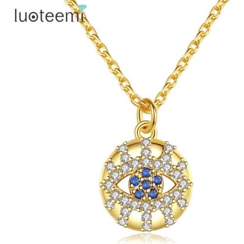 LUOTEEMI Long Link Chain Pendant Necklace Blue Devil Evil Eye with AAA CZ stone Paved Round Fashion Jewelry for Women Gifts