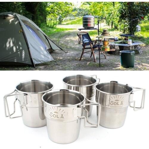 4pcs outdoor stainless steel cup foldable handle barbecue beer coffee -climbing camping cookware water bottle camp