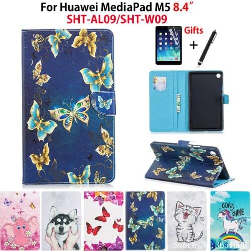 Case For Huawei MediaPad M5 8.4 SHT-AL09 SHT-W09 8.4" Cover Funda Tablet Butterfly Painted PU Leather Stand Shell+Stylus+film