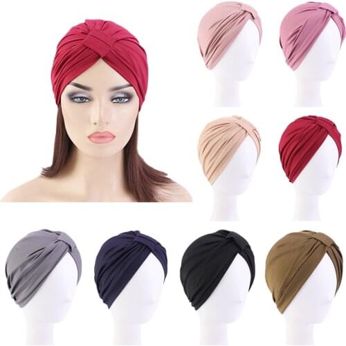Indian Women Modal Cotton Pleated Hat Chemo Hair Loss Cancer Turban Bonnet Head Scarf Wrap Strech Bandana Cover Beanie Arab Cap