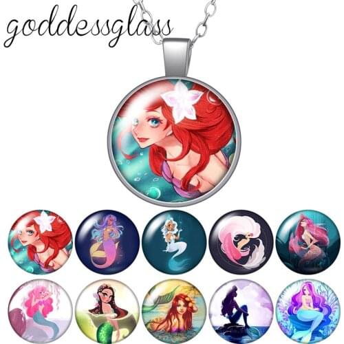 Beauty Girl Mermaid Fish Round Glass glass cabochon silver plated/Crystal pendant necklace jewelry for Gift