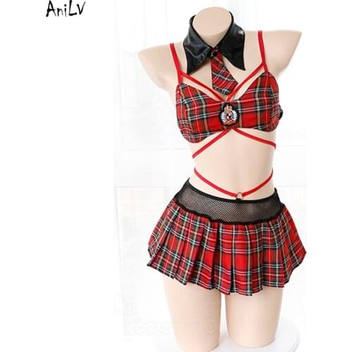 AniLV England School Students Red Plaid Swimsuit Uniform Costume Girl Bikini Swimwear Pool Party Cosplay