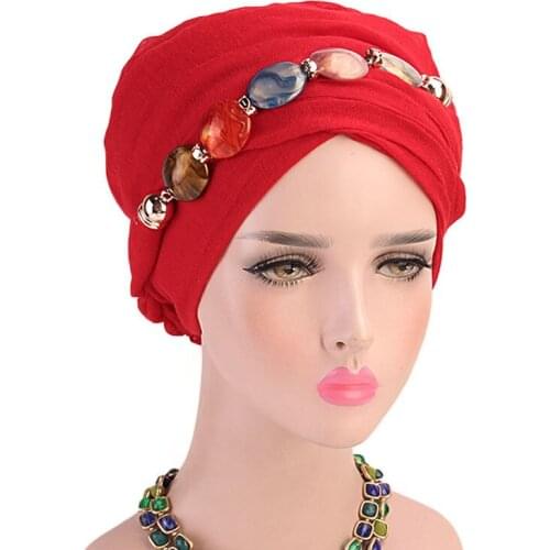 Muslim Beading Stretch Turban Ruffle Hair Hats Beanie Bandanas Scarf Head Wrap Headwear for Women 23