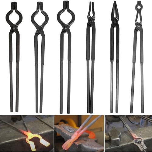 Chuang Qian Blacksmith Forge Tong Tools Set Includes 1/4 Flat Jaw, Pick Up, Scroll, 3/8 1/2 5/8 V-Bit Tongs 6 Piece