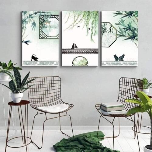 3 Piece Canvas Wall Art For Living Room Bedroom Chinese Garden Watercolor Painting Cat Home Decor