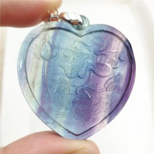 Natural Colorful Fluorite Quartz Pendant For Women Men Heart 39x37x9mm Flower Carved Fluorite Necklace Jewelry Fashion AAAAA