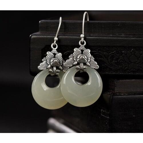 Natural retro 925sterling silver butterfly mosaic white hetian jade jasper earrings long flower women jade earrings