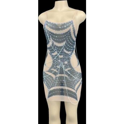 New Summer Women Short Dess Sleeveless Rhinestones Metal ChainTransparent Dress Bar Birthday Party Outfit Dance Show Costume