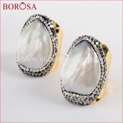 BOROSA Wholesale New Fashion 5Pcs Druzy Gold Color Rhinestone Pave Drop White Shell Ring JAB930