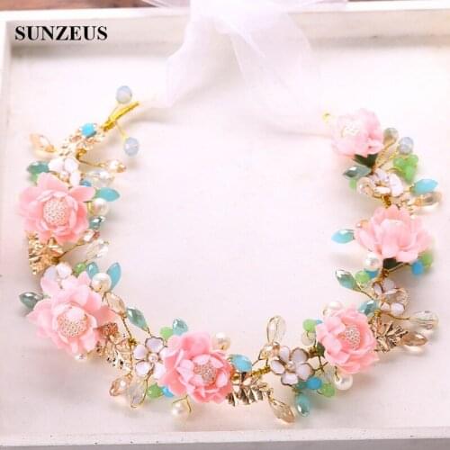 Pink Flowers Headband New Hand-made Crystal Pearls Bridal Hair Band Gold Leaves Wedding Accessory SQ0262