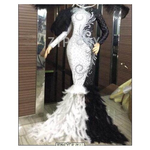 Birthday Celebrate Outfit Nightclub Party Singer Black White Rhinestones Pearls Feather Stretch Long Dress Show Costume Dress
