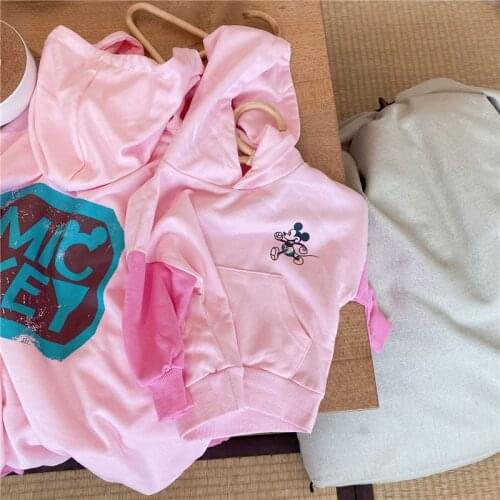 Disney Mickey Pink Princess Dress Hooded Pullover Sweatshirt For Girls Childrens Stitching Sleeve With Pockets