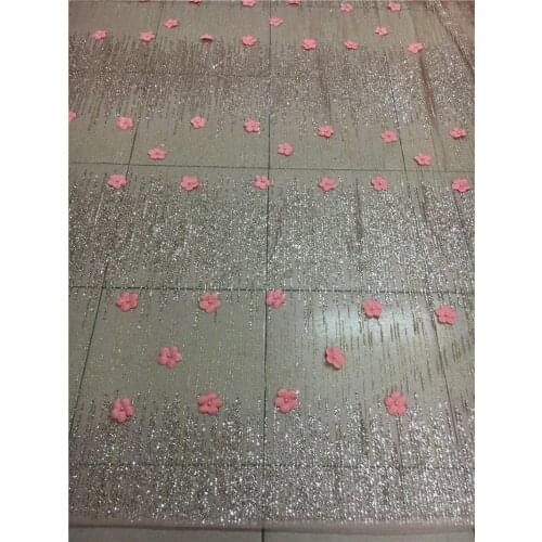 Rose gold glitter pink flowers shining glitter sequins glued JRB-070103 embroidery african tulle mesh fabric