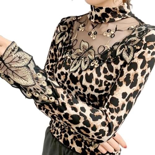 Spring Autumn Sexy Lace Women Shirts Long Sleeve Leopard Print Leaf Embroidery Sheer Basic Blouse Casual Shirts Womens Apparel