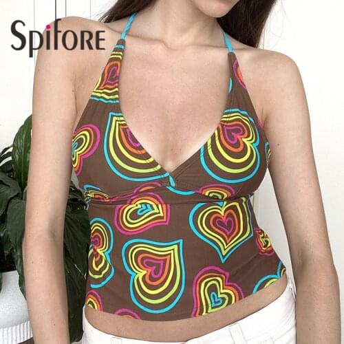Spifore Y2K Crop Tops Sexy Backless Bandage Women Summer Clothes 2021 V Neck Sleeveless Halter Neck Tank Camis