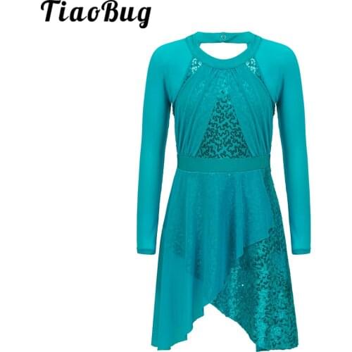 Girls Halter Sequin Long Sleeve Caged Back Irregular Ballet Dance Leotard Dress Kids Teens Lyrical Contemporary Dance Costume
