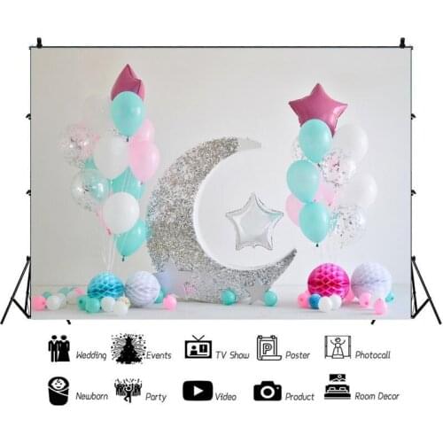 Balloon Sliver Moon Toy Star Portrait Photography Backdrop One Year Birthday Party Photo Background Vinyl Photocall Booth Props
