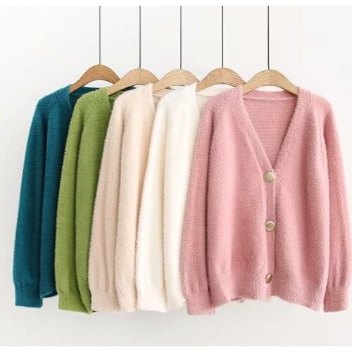Loose Cardigan Sweater Women Gold Buckle Knitted Jacket Coat Solid Color V Neck Cardigan 2020 Autumn Winter Women Clothes