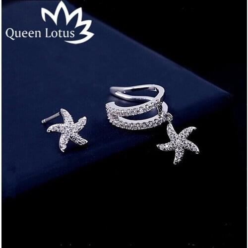 QUEEN LOTUS New silver jewelry Asymmetrical Temperament Cearrings Zircon Starfish Clip Earrings For Women Jewelry Gifts