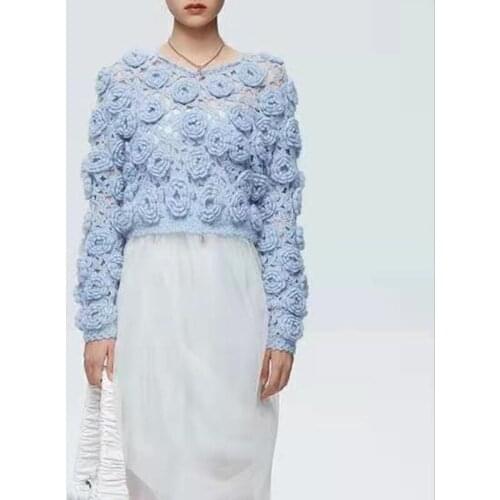 Winter Runway Sweater Women Luxury Brand Design Elegant Fashion Handmade Crochet Rose Flower Sweaters Knitted Pullovers Female